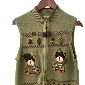 Vintage Heirloom Collectibles Christmas Vest XL Green Bear Tree  Sweater Holiday